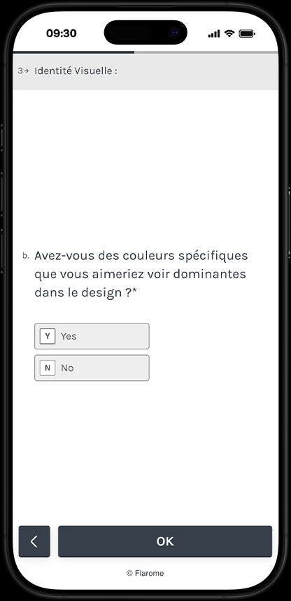 Interface de formulaire de questionnaire sur un téléphone mobile, avec une question demandant si des couleurs spécifiques sont souhaitées comme dominantes dans le design. Options de réponse : Oui (Yes) ou Non (No). Bouton OK pour soumettre.